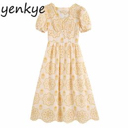 Sexy Openwork Floral Embroidery Dress Women Scalloped Collar Short Sleeve A-line Long Elegant Lady Summer Party es 210514