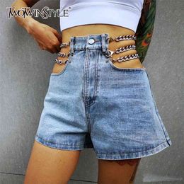 Sexy Patchwork Chian Women Denim Shorts High Waist Hollow Out Hit Colour Short Wide Leg Jeans For Female Clothes 210521