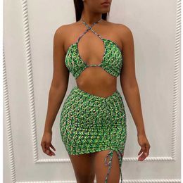 Geometric Pattern Two Piece Set Women Sexy Lace Up Halter Cropped Bra+Mini Ruched Dstring DrCo-ord Outfit Female Clubwear X0709