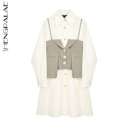 elegant shirt dress women's spring lapel loose patchwork vest single breasted long sleeve mini dresses 210427