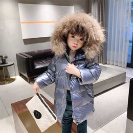Duck Down Coat Jacket Boys Girls Parkas Winter Fur Hooded Outerwear Metal Reflective Outfit for 4 5 6 7 8 9 10 Years 211203