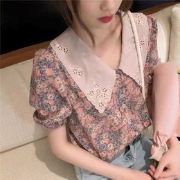 vintage puff sleeve floral blouse sweet doll coller women short summer tops Korean casual Chiffon clothes ladies Spring 210604