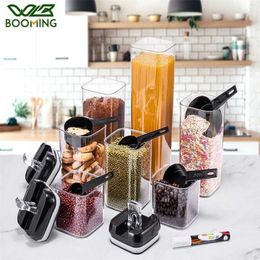 WBBOOMING 7pcs/Set Plastic Sealed Cans Kitchen Storage Box 3 Colors Food Canister Leakproof And One-hand Design 211110