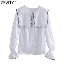 Women Sweet Black Agarci Lace Edge Decoration Ruffles White Smock Blouse Office Lady Court Shirts Chic Blusas Tops LS7441 210416