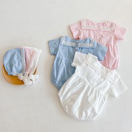 Summer Kids Boy Girl Short Sleeve Lace Rompers + Hat Infant Baby born Clothes 0-3Yrs 210429