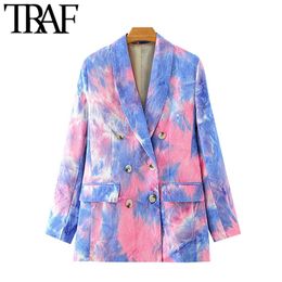 Women Fashion Double Breasted Tie-dye Corduroy Blazer Coat Vintage Long Sleeve Pockets Female Outerwear Chic Tops 210507