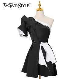Hit Color Ruffles Dress For Women Diagonal Collar Short Sleeve One Off Shoulder High Waist Mini Dresses Female 210520