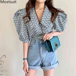 Summer Korean Striped Blouses Shirts Women Puff Sleeve Turn-down Collar Vintage Fashion Female Tops Blusas Mujer 210513