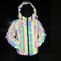 Mens Parka Reflective Winter Thick Cotton Coat Men Reflective Colorful Light Waterproof Windproof Thicken Keep Warm Overcoat Hooded Jackets