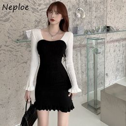 Neploe Square Collar Pullover Long Sleeve Dress Women High Waist Hip Bodycon Vestidos Hit Colour Back Bow Design Robe Spring 210423