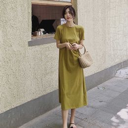 Fashion Women Summer Long Dress O-neck Casual Cotton Split Vintage Pleated Streetwear Yellow Green Mid-calf Clothes Female 210625
