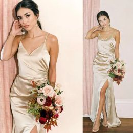 Champagne Bridesmaid Dresses Elastic Satin Spaghetti Straps Floor Length Side Slit Sheath Custom Made Maid Of Honour Gown Country Wedding Guest Wear
