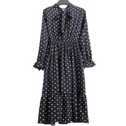 Chiffon Bow Lace Up Polka Dot Black Puff Sleeve Long Fit And Flare Midi Dress D0785 210514