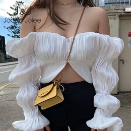 Jocoo Jolee Sexy Lady Cropped Shirt Women Summer Elegant Lantern Sleeve Ruched Tops and Blouses Casual White Satin Short Blouse 210518