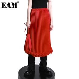 [EAM] High Elastic Waist Red Pleated Temperament Long Half-body Skirt Women Fashion Spring Autumn 1DD7682 21512
