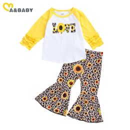 1-6Y Toddler Kid Girl Flower Clothes Set Letter T shirt Leopard Sunflower Flare Pants Outfits Autumn Children Costumes 210515