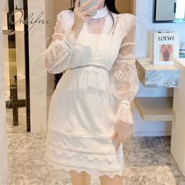 Summer Vintage Women Mini Party Long Sleeve French Style Sexy White Lace Short Beach Dress 210415