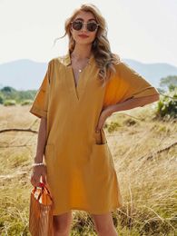 Loose Casual Oversize Dress Pocket Women Cotton Linen Summer V Neck Short Sleeve Europen Dress High Quality Solid 210625