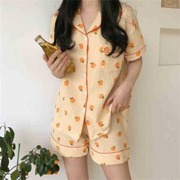 Sale Printed Fruits Homewear All Match Stylish Femme Girls Loose Summer Chic Women Casual Pyjamas Sets 210525