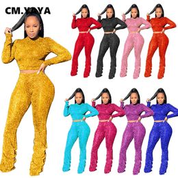CM.YAYA Streetwear Vintage Sweatsuit Women's Set Crop Tops Stacked Flare Pants Set Active Tracksuit Two Piece Fitness Outfit Set Y0625