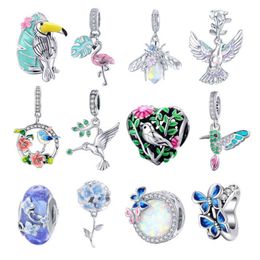 Bisaer 925 Sterling Silver Garden Series Colourful CZ Flower Bird Enamel Charms Fit Charm Bracelets Bangles DIY Jewellery ECC1531