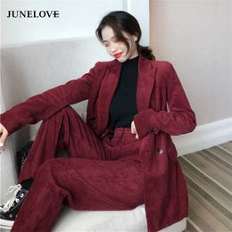 JuneLove Autumn Women Elegant Sets Corduroy Blazer OL Notch Collar Jacket Female 2 Pieces Double Breasted Coats Outwears Bottoms 211006