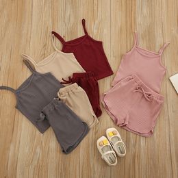 Baby Clothing Sets Kids Girls Solid Outfits Sling Vest Tops Children Casual Clothes Elastic Shorts Child Sport Set M3521