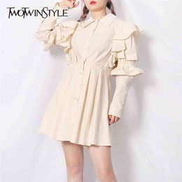 Elegant Patchwork Ruffle Dress For Women Lapel Long Sleeve Mini Shirt Dresses Female Fashion Clothing Spring 210520