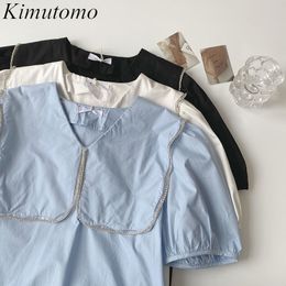 Kimutomo Casual Blouse Woman Spring Korean Fashion Girls Peter Pan Collar Loose Long-sleeved Solid Shirt Elegant 210521