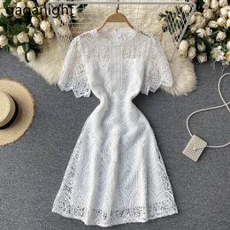 Gaganight Vintage Floral Embroidery Hollow Out Lace Dress Summer Women O Neck Short Sleeve Midi Dress Elegant Party Dresses 210519