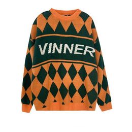 Women Vintage Sweater Autumn Winter Long Sleeve Letter Plaid Pullover Tops Korean Style Woman Loose Oversize Knit Sweaters 210525