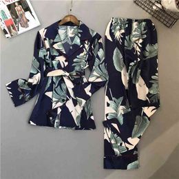 Lisacmvpnel Spring Printing Pattern Women Pyjama Set Rayon Sleepwear Long Sleeve Trousers Two Paper Suit 210809