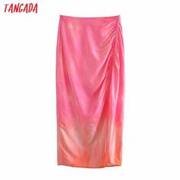 Tangada Women Tie Dyed Print Pleated Long Skirt Faldas Mujer Vintage Side Zipper Office Ladies Elegant Chic Mid Calf Skirts 3H46 210609