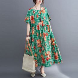 Oversized Women Cotton Linen Long Dress New Arrival Summer Vintage Style Floral Print Loose Female Casual Dresses S3042 210412