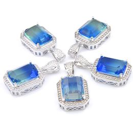 Mix 5 Pieces Pendants Luckyshine Shine Square Cut Blue Green Bi-Colored Tourmaline Gemstone 925 Silver Pendant Necklaces