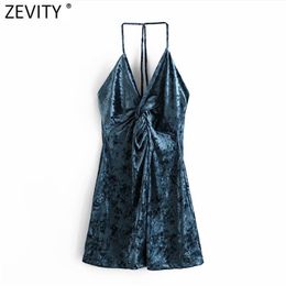 Women Sexy Deep V Neck Knotted Sling Mini Dress Femme Chic Velvet Party Vestido Backless Casual Slim Clothing DS4922 210420