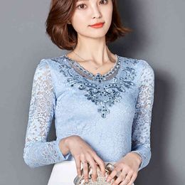 TWICEFANX Autumn Women blouse Shirts Long-sleeve Diamonds Lace Elegant Fashion Blusa shirts plus size tops 918B 210420