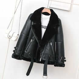 2023 Autumn Winter Women's Pu Leather Jackets Punk Motorcycle Biker Thicken Zip Rivet Adjustable Waist Fur Lapel Neck Woman's Coats Spliced Short Outerwear SMD008