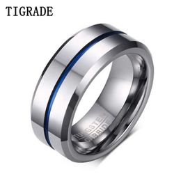 Tigrade Men Rings 8mm Tungsten Wedding Band Silver Color with Blue Line Stylish Male anillos hombre for anniversary ring 211218