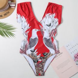 Sexy Cap Sleeve Swimsuit Women Swimwear Bird Print Bodysuit Summer Beach Bathing Suit Monokini Swim Wear S~XL 210520