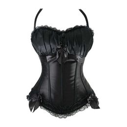 Hot Black Steampunk Corset Top Satin Dobby Lace Faux Leather Bustier Sexy Corselet Bodyshaper Classic Gothic Clothing Plus Size