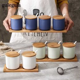 Nordic Ceramic Seasoning Box Pot Set Household Kitchen Ppot Pepper Salt Sugar Bowl Bottle 211110