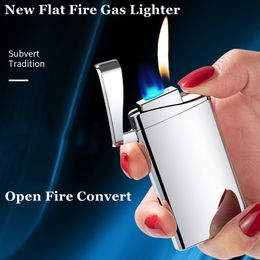 2022 New Windproof Lighter Flat Flame Torch Cigarette Gas Lighter Jet Metal Butane Refill Lady Smoking Lighter Open Fire Gadgets
