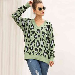 v neck leopard print oversized pullover female autumn winter casual loose sweater jumper streetwear pull femme 210427