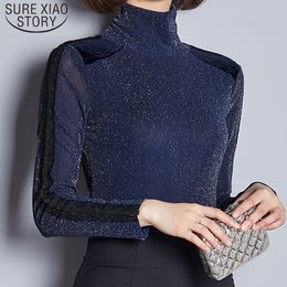 Autumn Winter Fashion Solid Bottom Shirts Women Turtleneck Hollow Mesh Sexy Blouses Black Blue Ladies Tops Slim 6920 50 210510