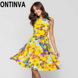 Ladies Summer Butterfly Dress Yellow Red Blue Print Floral Sleevless Beach Retro Sundress Women's Bohemian Casual Tunics Sashes 210527