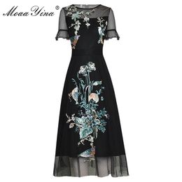 Fashion Runway dress Summer Women's Dress Short sleeve Mesh Flowers Embroidery Dresses 210524