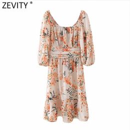 Zevity Women Tropical Floral Print Backless Bow Tied Mini Dress Prairie Chic Puff Sleeve Vestido Ruffles Beach Dress DS4976 210603
