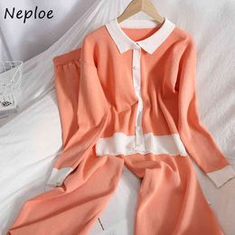 Neploe Work Style Ol Knit 2 Pcs Women Set Turn Down Collar Long Sleeve Cardigans + High Waist Hip Straight Pants Spring Suit 210423