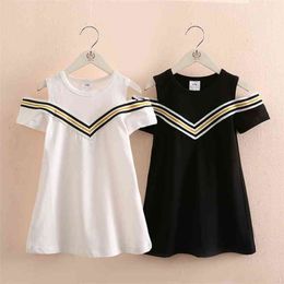 Kids O-Neck Stripe Dress Summer Fashion 2 3 4 6 8 10 12Years Casual Kids Cotton Simple Off Shoulder Dress for Baby Girl 210701